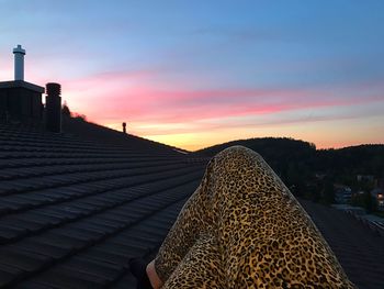 Person on roof against sky during sunset