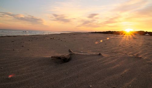 Scenic view of beach against sky during sunset