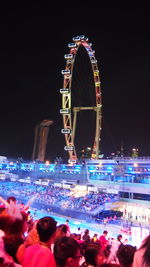 Illuminated ferris wheel at night