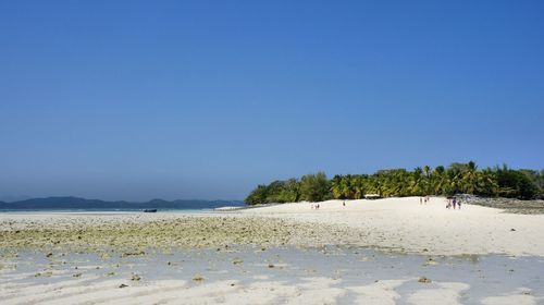 Scenic view of beach against clear blue sky