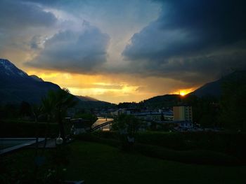 Scenic view of mountains against sky during sunset