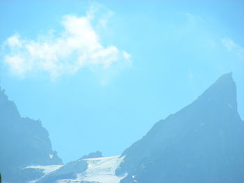 Low angle view of mountain range against blue sky