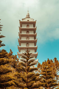 Low angle view of trees and building against sky