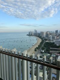 High angle view of city by sea against sky