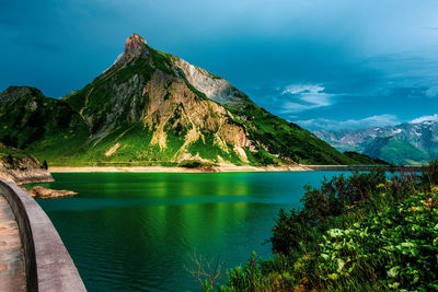 Scenic view of lake by mountains against sky