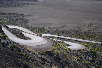 High angle view of road by land during winter