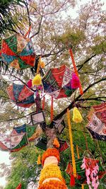 Low angle view of decoration hanging on tree against building