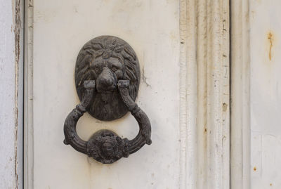 Old lion knocker on wooden door