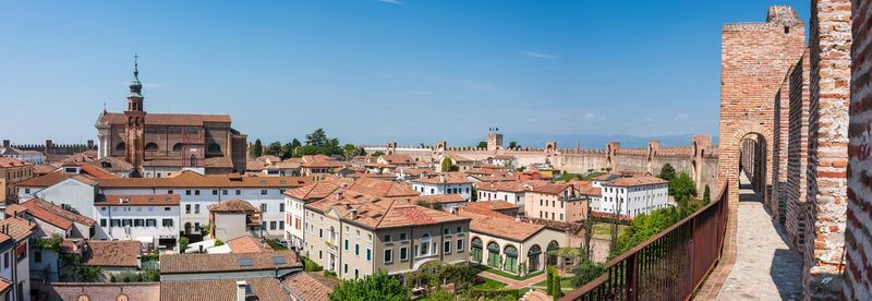 Panoramic view of buildings in town against sky