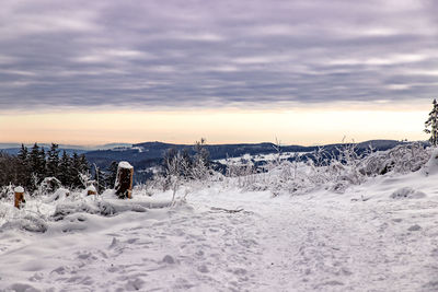 Scenic view of snow covered field against sky during sunset