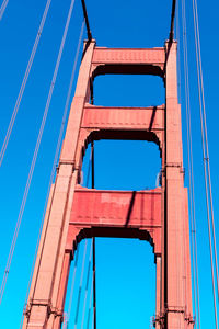 Low angle view of suspension bridge against blue sky