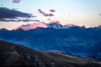 Scenic view of snowcapped mountains against sky during sunset