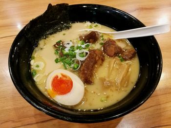 High angle view of soup in bowl on table