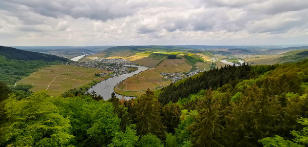 High angle view of trees on landscape against sky