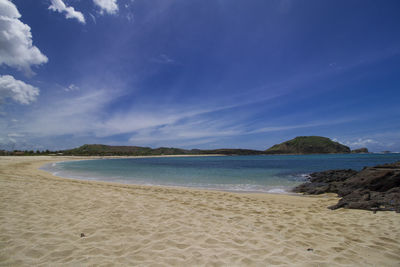 Scenic view of beach against blue sky