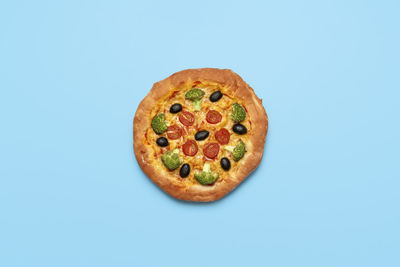 High angle view of pizza against white background