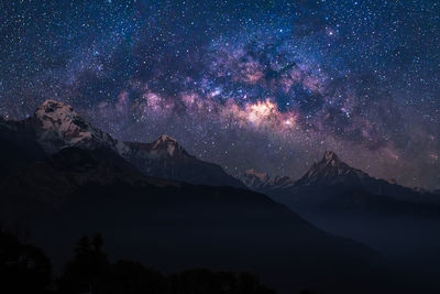 Nature landscape view of himalayan mountain range with milky way galaxy and stars on night sky