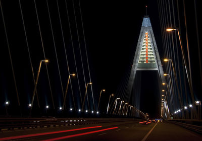 Light trails on suspension bridge at night