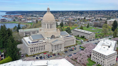 High angle view of buildings in city