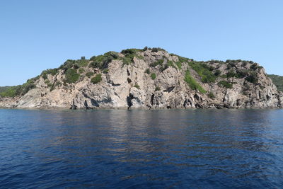 Scenic view of sea against clear blue sky