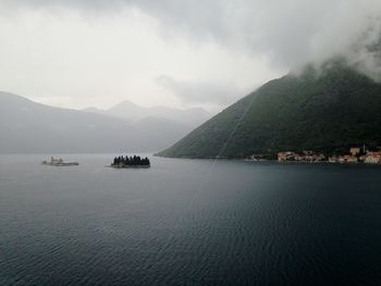 Scenic view of lake with mountain range in background