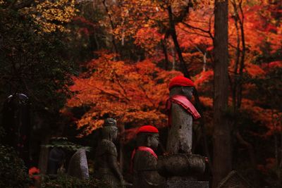 Rear view of statue against trees in forest during autumn