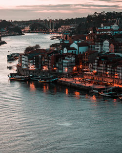 Scenic view of city by sea against sky during sunset