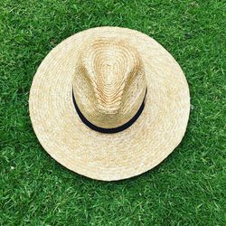 High angle view of hat on field