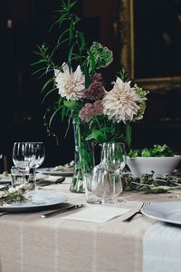 Flowers in vases on dining table