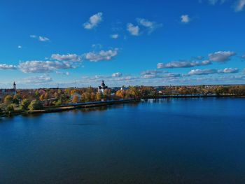 Scenic view of lake against blue sky