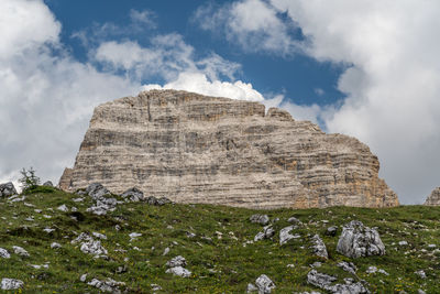 Low angle view of rock formations against sky