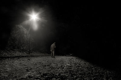 Rear view of person walking on illuminated street at night