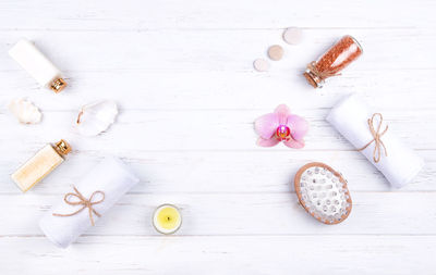 High angle view of shells on table