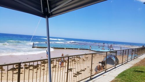 Scenic view of beach against clear blue sky