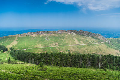 Scenic view of landscape and sea against sky