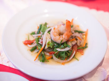High angle view of salad in plate on table