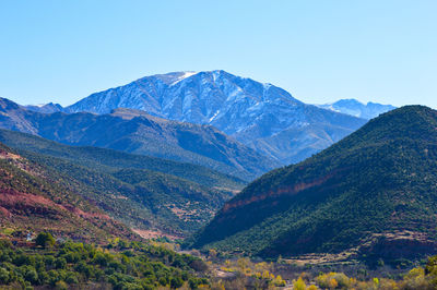 Scenic view of mountains against clear blue sky