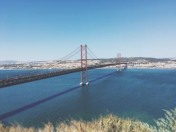 View of suspension bridge in city