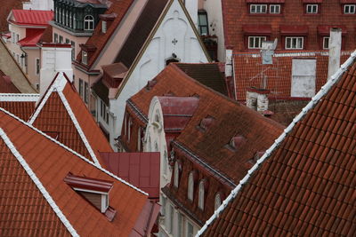 High angle view of steps amidst houses