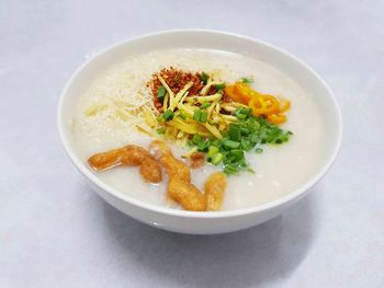 High angle view of soup in bowl on table