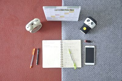 High angle view of objects on table