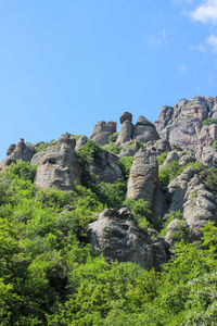 Low angle view of rocks on rock against sky