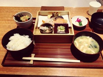 Close-up of served food on table