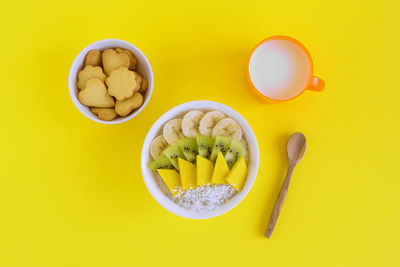 High angle view of breakfast on table