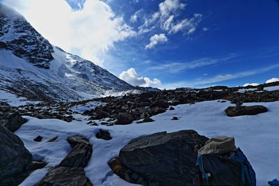 Scenic view of snow covered mountains against sky