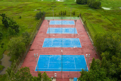 High angle view of swimming pool in field