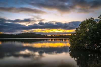 Scenic view of river against sky at sunset