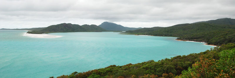 Scenic view of sea and mountains against sky