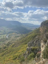 Aerial view of landscape against cloudy sky