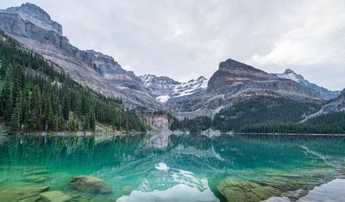 Scenic view of lake by mountains against sky